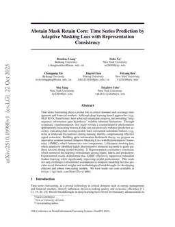 Abstain Mask Retain Core: Time Series Prediction by Adaptive Masking Loss with Representation Consistency