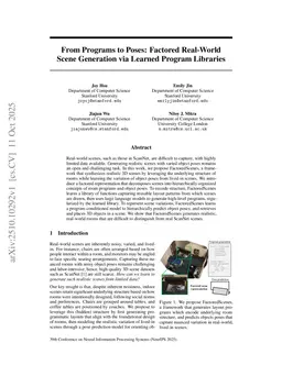 From Programs to Poses: Factored Real-World Scene Generation via Learned Program Libraries