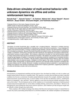 Data-driven simulator of multi-animal behavior with unknown dynamics via offline and online reinforcement learning