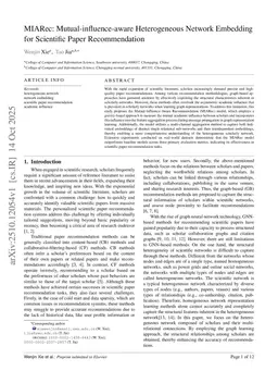 MIARec: Mutual-influence-aware Heterogeneous Network Embedding for Scientific Paper Recommendation