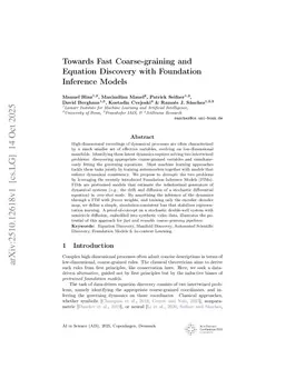 Towards Fast Coarse-graining and Equation Discovery with Foundation Inference Models