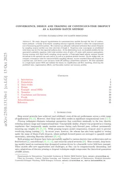 Convergence, design and training of continuous-time dropout as a random batch method