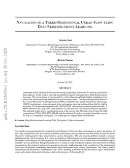 Navigation in a Three-Dimensional Urban Flow using Deep Reinforcement Learning