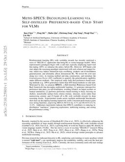 Metis-SPECS: Decoupling Multimodal Learning via Self-distilled Preference-based Cold Start
