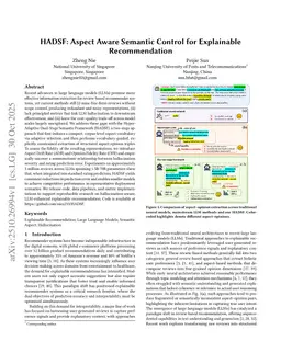 HADSF: Aspect Aware Semantic Control for Explainable Recommendation