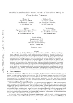 Mixture-of-Transformers Learn Faster: A Theoretical Study on Classification Problems