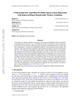 A Polynomial-time Algorithm for Online Sparse Linear Regression with Improved Regret Bound under Weaker Conditions