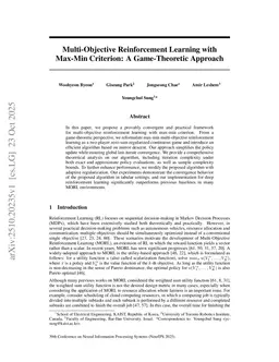 Multi-Objective Reinforcement Learning with Max-Min Criterion: A Game-Theoretic Approach