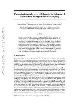 Concentration and excess risk bounds for imbalanced classification with synthetic oversampling