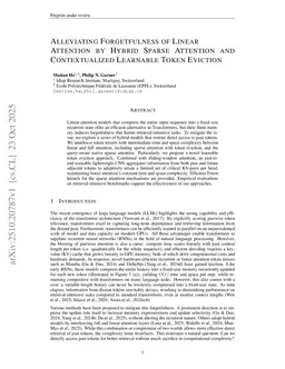 Alleviating Forgetfulness of Linear Attention by Hybrid Sparse Attention and Contextualized Learnable Token Eviction