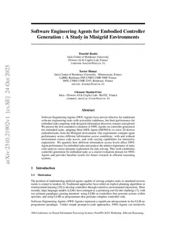 Software Engineering Agents for Embodied Controller Generation : A Study in Minigrid Environments
