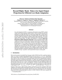 Beyond Higher Rank: Token-wise Input-Output Projections for Efficient Low-Rank Adaptation
