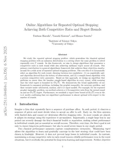Online Algorithms for Repeated Optimal Stopping: Achieving Both Competitive Ratio and Regret Bounds