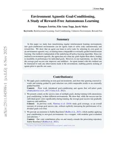 Environment Agnostic Goal-Conditioning, A Study of Reward-Free Autonomous Learning
