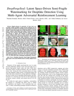 DeepForgeSeal: Latent Space-Driven Semi-Fragile Watermarking for Deepfake Detection Using Multi-Agent Adversarial Reinforcement Learning