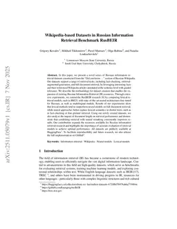 Wikipedia-based Datasets in Russian Information Retrieval Benchmark RusBEIR