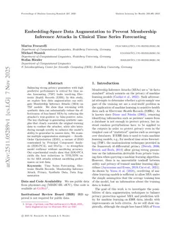 Embedding-Space Data Augmentation to Prevent Membership Inference Attacks in Clinical Time Series Forecasting