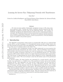 Learning the Inverse Ryu--Takayanagi Formula with Transformers
