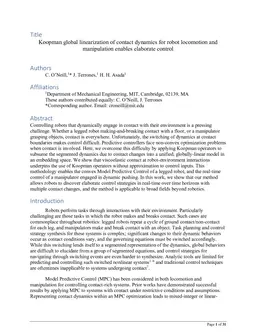 Koopman global linearization of contact dynamics for robot locomotion and manipulation enables elaborate control
