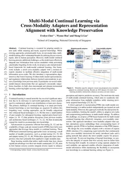 Multi-Modal Continual Learning via Cross-Modality Adapters and Representation Alignment with Knowledge Preservation