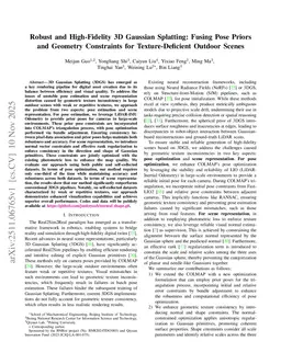 Robust and High-Fidelity 3D Gaussian Splatting: Fusing Pose Priors and Geometry Constraints for Texture-Deficient Outdoor Scenes