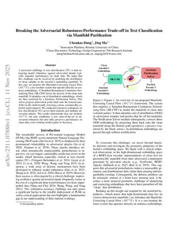 Breaking the Adversarial Robustness-Performance Trade-off in Text Classification via Manifold Purification