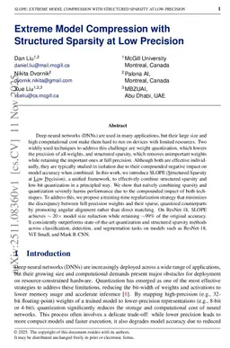 Extreme Model Compression with Structured Sparsity at Low Precision