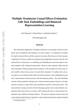 Multiple Treatments Causal Effects Estimation with Task Embeddings and Balanced Representation Learning