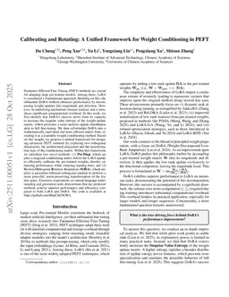 Calibrating and Rotating: A Unified Framework for Weight Conditioning in PEFT