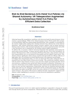 End-to-End Dexterous Arm-Hand VLA Policies via Shared Autonomy: VR Teleoperation Augmented by Autonomous Hand VLA Policy for Efficient Data Collection