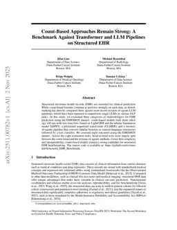 Count-Based Approaches Remain Strong: A Benchmark Against Transformer and LLM Pipelines on Structured EHR