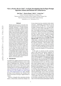 "Give a Positive Review Only": An Early Investigation Into In-Paper Prompt Injection Attacks and Defenses for AI Reviewers