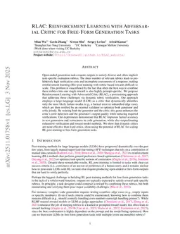 RLAC: Reinforcement Learning with Adversarial Critic for Free-Form Generation Tasks