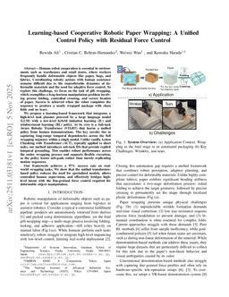 Learning-based Cooperative Robotic Paper Wrapping: A Unified Control Policy with Residual Force Control