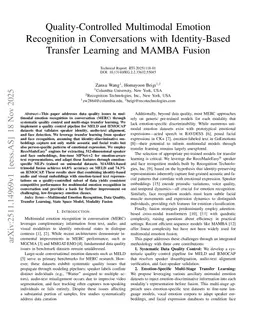 Quality-Controlled Multimodal Emotion Recognition in Conversations with Identity-Based Transfer Learning and MAMBA Fusion