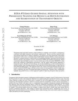 EGSA-PT:Edge-Guided Spatial Attention with Progressive Training for Monocular Depth Estimation and Segmentation of Transparent Objects