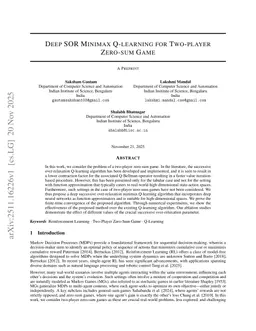 Deep SOR Minimax Q-learning for Two-player Zero-sum Game