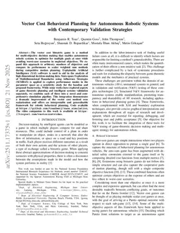 Vector Cost Behavioral Planning for Autonomous Robotic Systems with Contemporary Validation Strategies