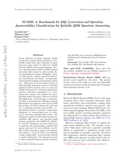 SCARE: A Benchmark for SQL Correction and Question Answerability Classification for Reliable EHR Question Answering
