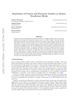 Equivalence of Context and Parameter Updates in Modern Transformer Blocks