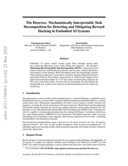 The Horcrux: Mechanistically Interpretable Task Decomposition for Detecting and Mitigating Reward Hacking in Embodied AI Systems