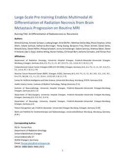Large-Scale Pre-training Enables Multimodal AI Differentiation of Radiation Necrosis from Brain Metastasis Progression on Routine MRI