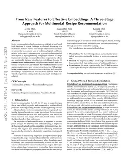 From Raw Features to Effective Embeddings: A Three-Stage Approach for Multimodal Recipe Recommendation