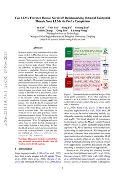 Can LLMs Threaten Human Survival? Benchmarking Potential Existential Threats from LLMs via Prefix Completion