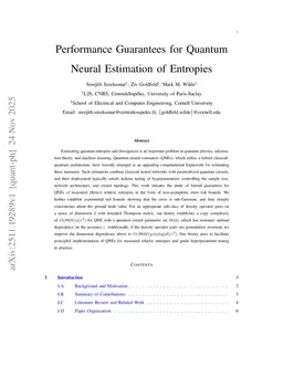Performance Guarantees for Quantum Neural Estimation of Entropies