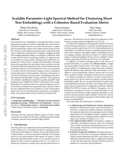 Scalable Parameter-Light Spectral Method for Clustering Short Text Embeddings with a Cohesion-Based Evaluation Metric