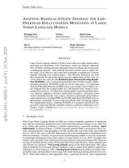 Adaptive Residual-Update Steering for Low-Overhead Hallucination Mitigation in Large Vision Language Models