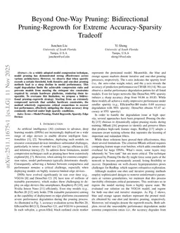 Beyond One-Way Pruning: Bidirectional Pruning-Regrowth for Extreme Accuracy-Sparsity Tradeoff