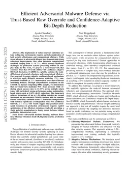Efficient Adversarial Malware Defense via Trust-Based Raw Override and Confidence-Adaptive Bit-Depth Reduction
