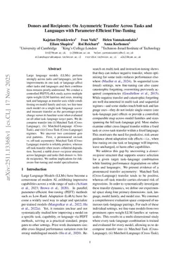 Donors and Recipients: On Asymmetric Transfer Across Tasks and Languages with Parameter-Efficient Fine-Tuning